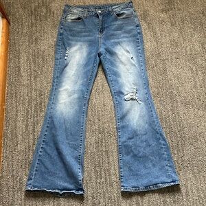 Blue Flare Wide Leg Denim with Distressed Accents